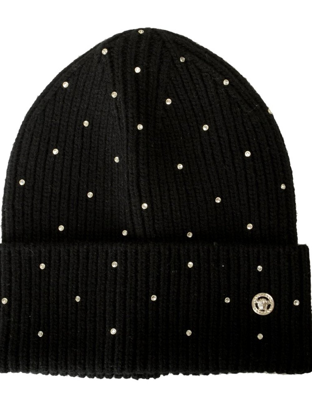 Versace Black Ribbed Strass Decorated 100% Wool Beanie Hat